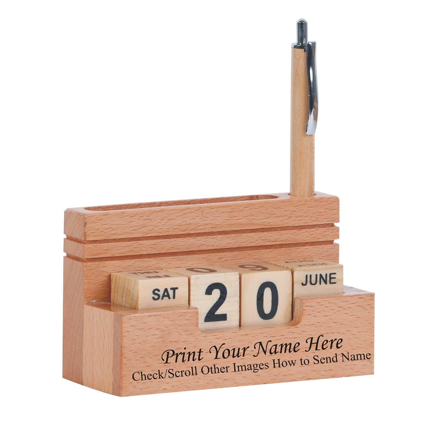 Customized, Personalized Gifts, Wooden Calendar With Pen And Visiting Card Holder