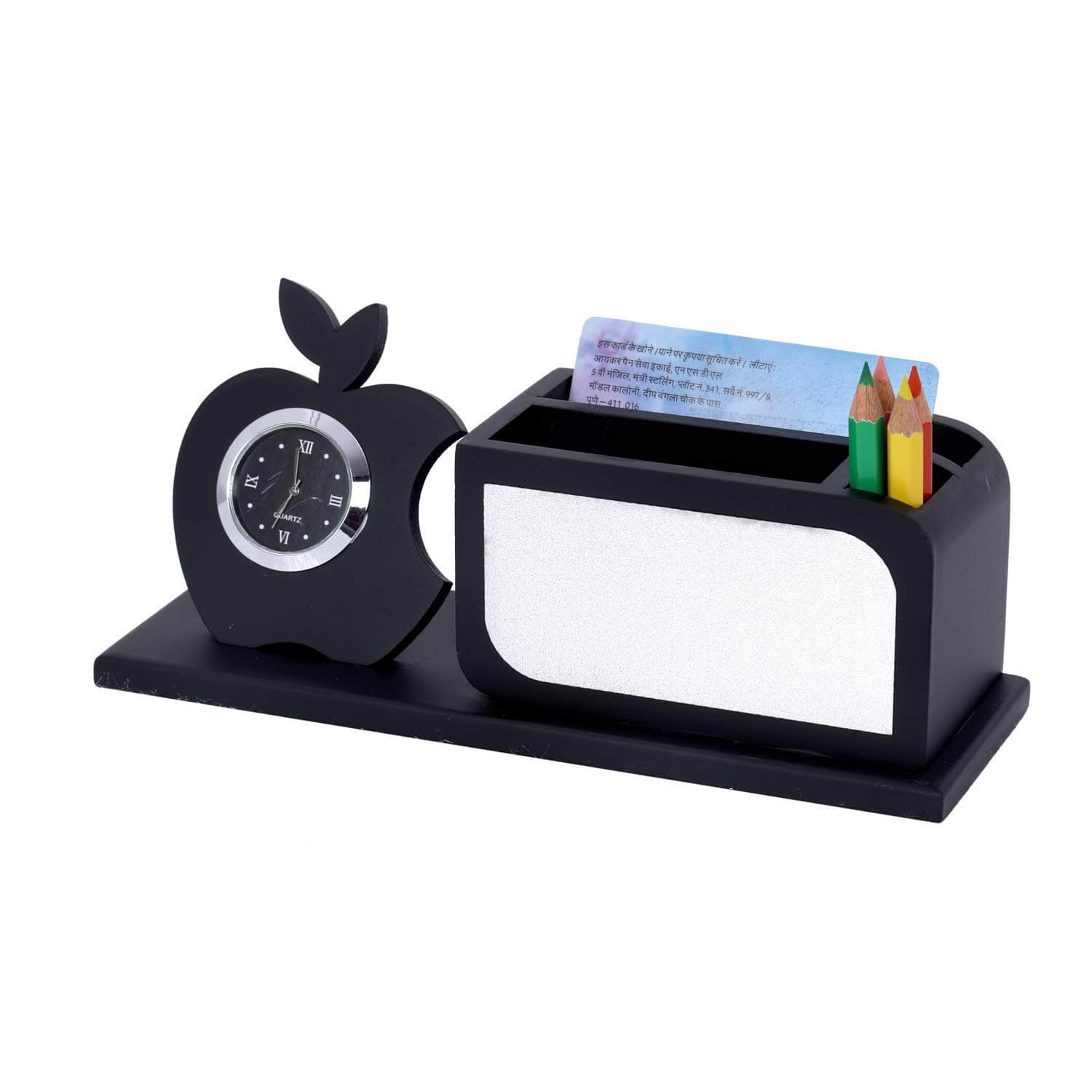 Personalized Gift, Name Printed, Wooden Pen Stand with Clock, Mobile, Card Holder (Black & Silver)