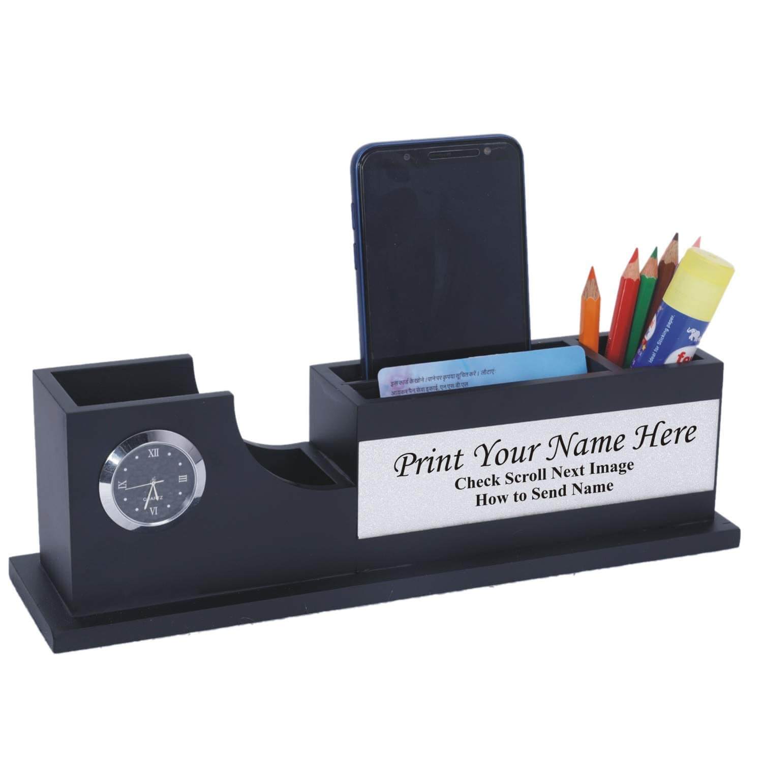 About Personalized Gift, Name Printed, Wooden Pen Stand Clock. (Black & Silver)